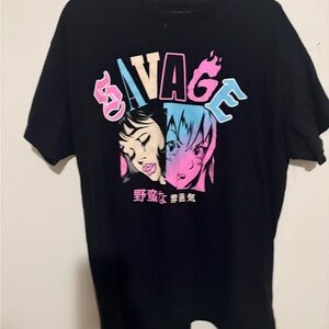 Savage Graphic Tee - Black with Pink & Blue Anime Print